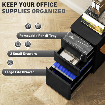 3-Drawer Steel Filing Cabinet with Lock and Casters - Black