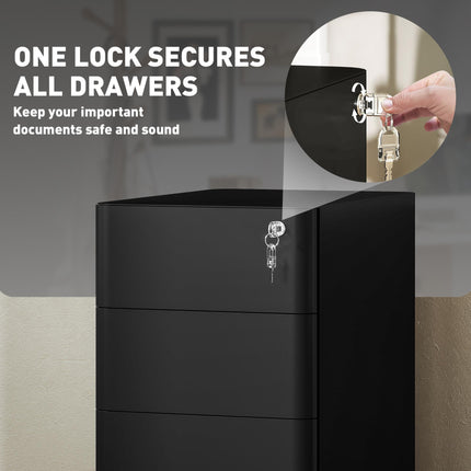 3-Drawer Steel Filing Cabinet with Lock and Casters - Black