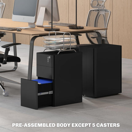 3-Drawer Steel Filing Cabinet with Lock and Casters - Black