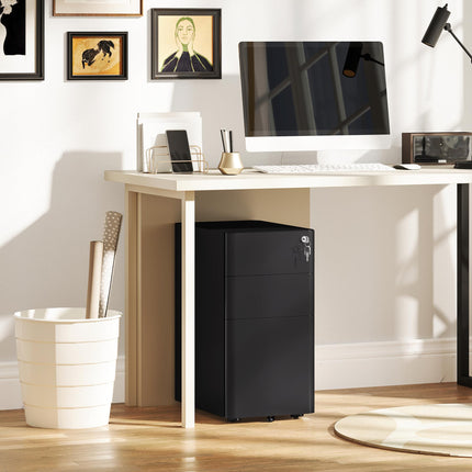 3-Drawer Steel Filing Cabinet with Lock and Casters - Black