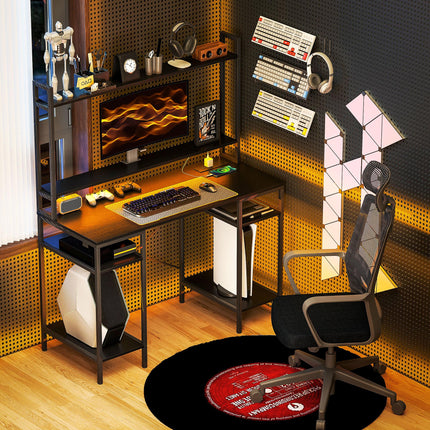Computer Desk with Power Outlets, USB Ports, RGB LED Lights, Monitor Stand & 2 CPU Stands - Black