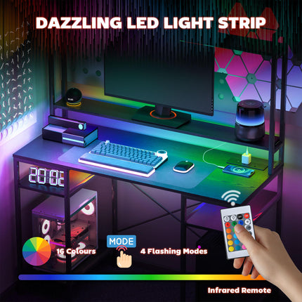 Computer Desk with Power Outlets, USB Ports, RGB LED Lights, Monitor Stand & 2 CPU Stands - Black