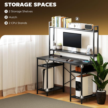 Computer Desk with Power Outlets, USB Ports, RGB LED Lights, Monitor Stand & 2 CPU Stands - Black