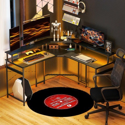 L Shaped Work Desk with 16-Colour LED Lights and Charging Ports - Black