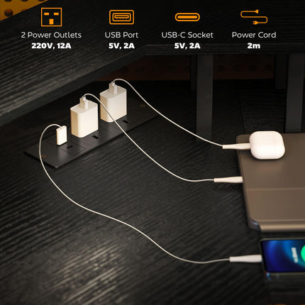 L Shaped Work Desk with 16-Colour LED Lights and Charging Ports - Black