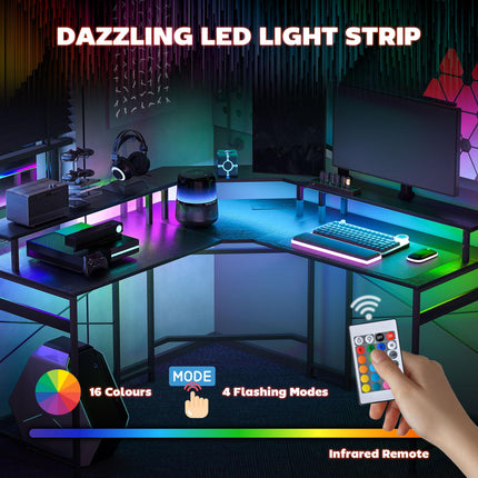 L Shaped Work Desk with 16-Colour LED Lights and Charging Ports - Black