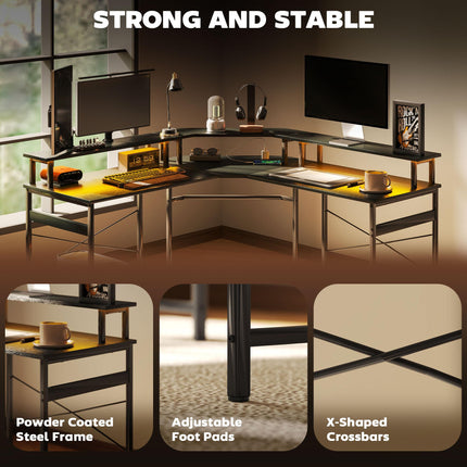 L Shaped Work Desk with 16-Colour LED Lights and Charging Ports - Black