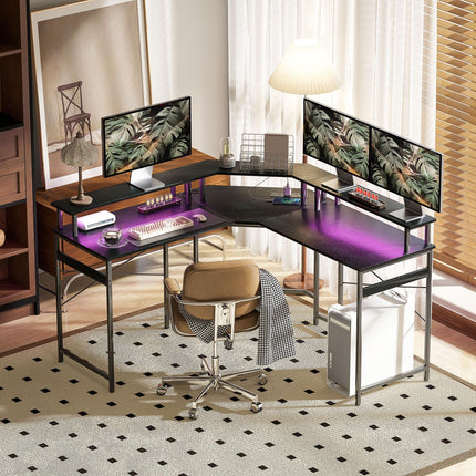 L Shaped Work Desk with 16-Colour LED Lights and Charging Ports - Black