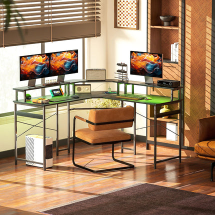L Shaped Work Desk with 16-Colour LED Lights and Charging Ports - Black