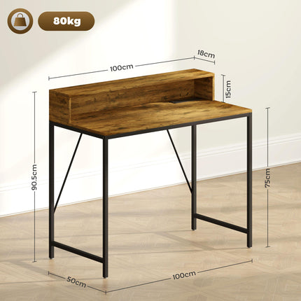 100cm Gaming Computer Desk with LED Lights, Monitor Stand & Power Outlets - Rustic Brown