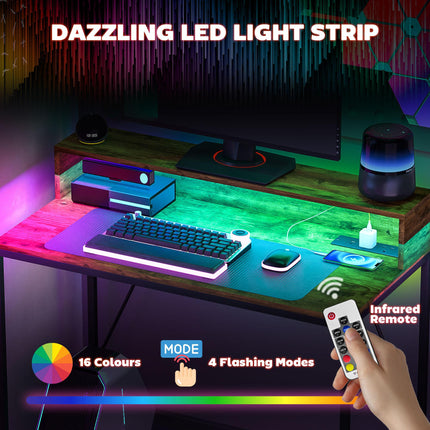 100cm Gaming Computer Desk with LED Lights, Monitor Stand & Power Outlets - Rustic Brown