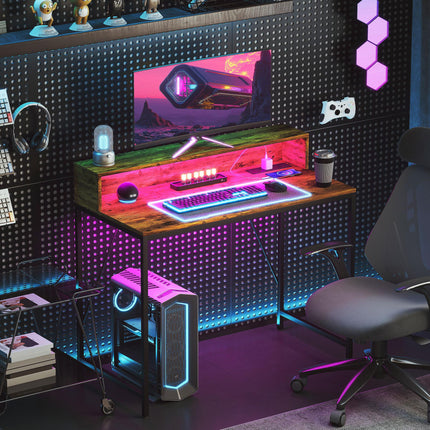 100cm Gaming Computer Desk with LED Lights, Monitor Stand & Power Outlets - Rustic Brown