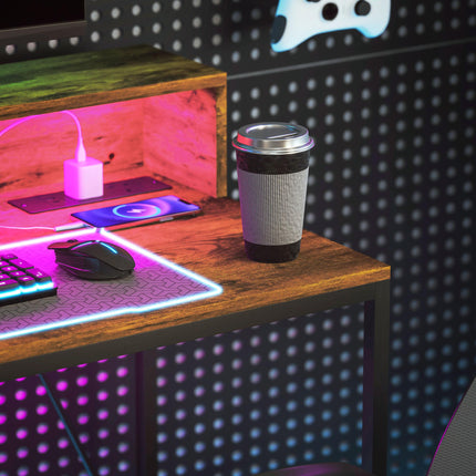100cm Gaming Computer Desk with LED Lights, Monitor Stand & Power Outlets - Rustic Brown