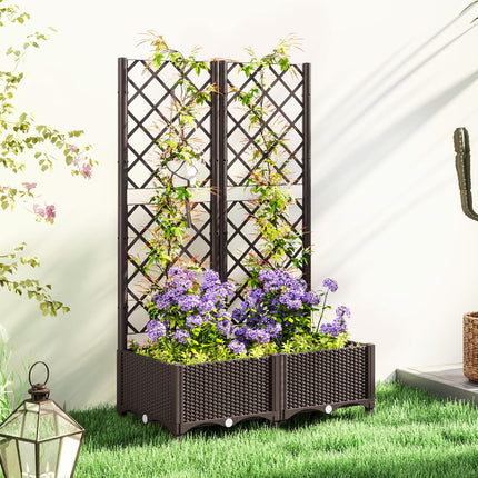 Raised Garden Bed with Trellis and Drainage Holes for Climbing Plants, Vegetables, Flowers - Brown