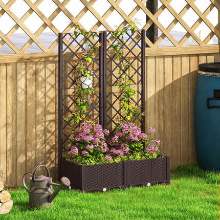 Raised Garden Bed with Trellis and Drainage Holes for Climbing Plants, Vegetables, Flowers - Brown
