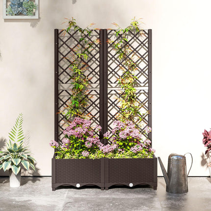Raised Garden Bed with Trellis and Drainage Holes for Climbing Plants, Vegetables, Flowers - Brown