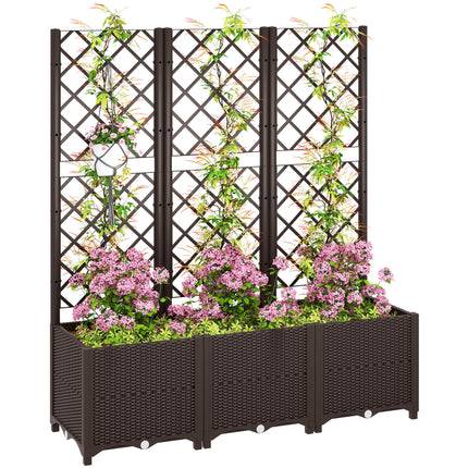 Raised Garden Bed with Trellis for Climbing Plants, Vegetables & Flowers with Drainage Holes and Plugs - Brown