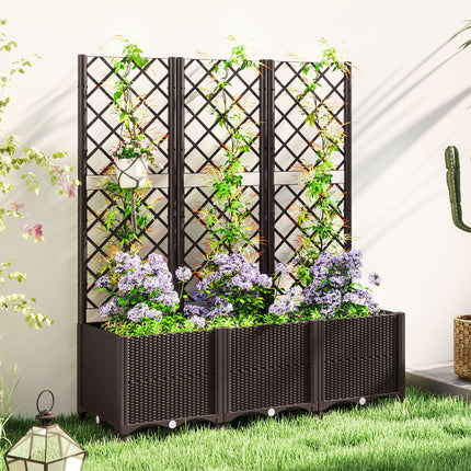Raised Garden Bed with Trellis for Climbing Plants, Vegetables & Flowers with Drainage Holes and Plugs - Brown