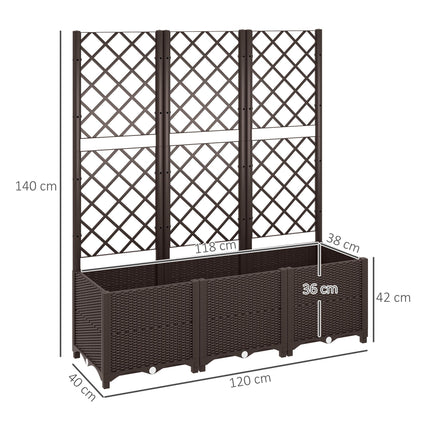 Raised Garden Bed with Trellis for Climbing Plants, Vegetables & Flowers with Drainage Holes and Plugs - Brown