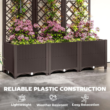 Raised Garden Bed with Trellis for Climbing Plants, Vegetables & Flowers with Drainage Holes and Plugs - Brown
