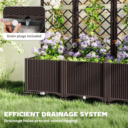 Raised Garden Bed with Trellis for Climbing Plants, Vegetables & Flowers with Drainage Holes and Plugs - Brown