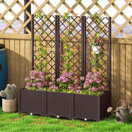 Raised Garden Bed with Trellis for Climbing Plants, Vegetables & Flowers with Drainage Holes and Plugs - Brown