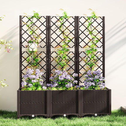 Raised Garden Bed with Trellis for Climbing Plants, Vegetables & Flowers with Drainage Holes and Plugs - Brown