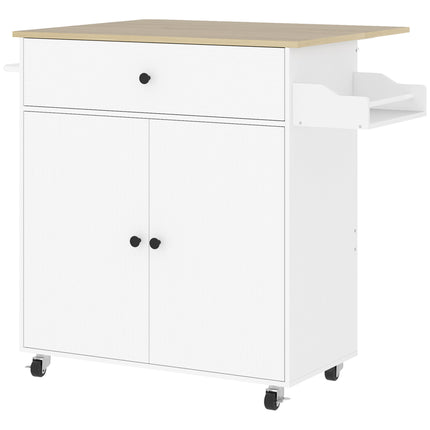 Rolling Kitchen Island with Drop Leaf, Kitchen Storage Cart with Drawer, Spice Rack and Towel Rack, White
