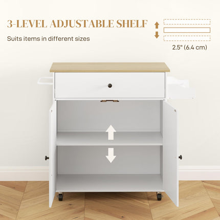 Rolling Kitchen Island with Drop Leaf, Kitchen Storage Cart with Drawer, Spice Rack and Towel Rack, White