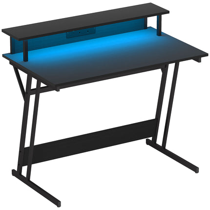 Gaming Desk 100x60cm Z Shaped with LED Lights, Power Outlets & Monitor Stand - Black
