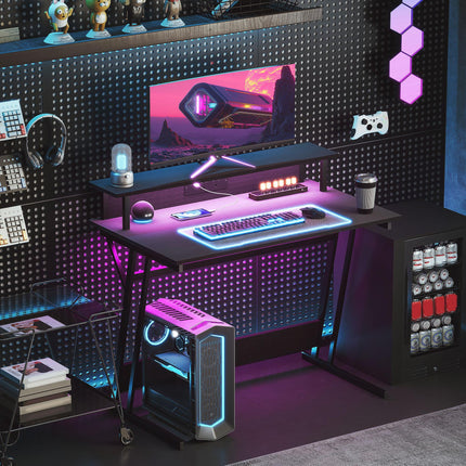 Gaming Desk 100x60cm Z Shaped with LED Lights, Power Outlets & Monitor Stand - Black