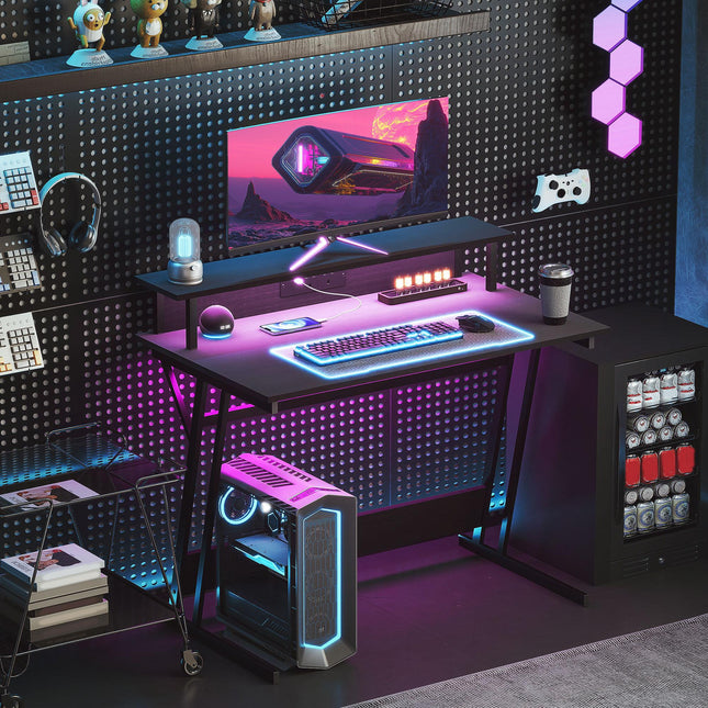 Gaming Desk 100x60cm Z Shaped with LED Lights, Power Outlets & Monitor Stand - Black