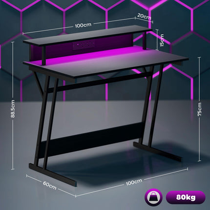 Gaming Desk 100x60cm Z Shaped with LED Lights, Power Outlets & Monitor Stand - Black