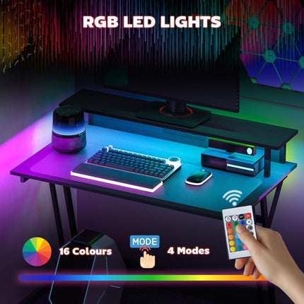 Gaming Desk 100x60cm Z Shaped with LED Lights, Power Outlets & Monitor Stand - Black