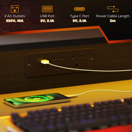 Gaming Desk 100x60cm Z Shaped with LED Lights, Power Outlets & Monitor Stand - Black
