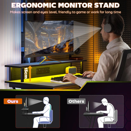 Gaming Desk 100x60cm Z Shaped with LED Lights, Power Outlets & Monitor Stand - Black