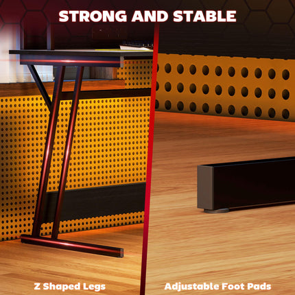 Gaming Desk 100x60cm Z Shaped with LED Lights, Power Outlets & Monitor Stand - Black