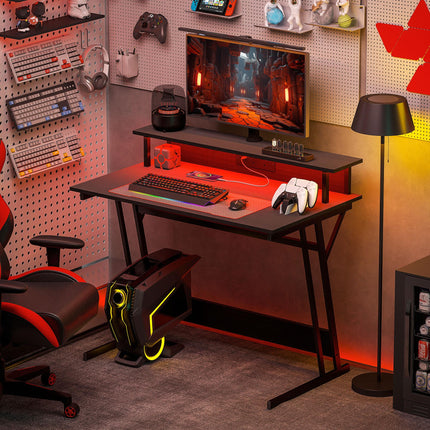 Gaming Desk 100x60cm Z Shaped with LED Lights, Power Outlets & Monitor Stand - Black