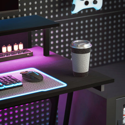 Gaming Desk 100x60cm Z Shaped with LED Lights, Power Outlets & Monitor Stand - Black