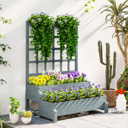 2 Tier Raised Garden Bed with Trellis Elevated Wooden Planter Box - Grey
