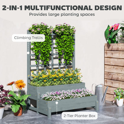 2 Tier Raised Garden Bed with Trellis Elevated Wooden Planter Box - Grey
