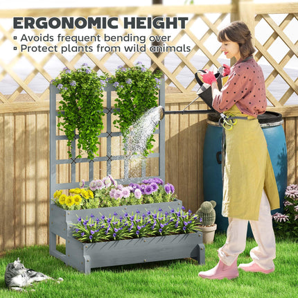 2 Tier Raised Garden Bed with Trellis Elevated Wooden Planter Box - Grey