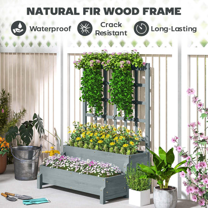 2 Tier Raised Garden Bed with Trellis Elevated Wooden Planter Box - Grey