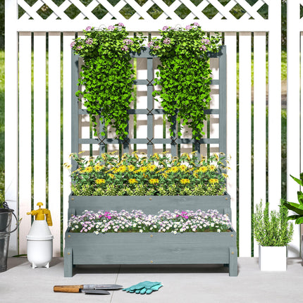 2 Tier Raised Garden Bed with Trellis Elevated Wooden Planter Box - Grey