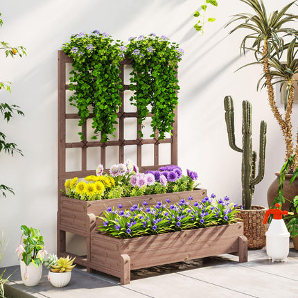 2 Tier Elevated Wooden Garden Bed with Trellis - Brown