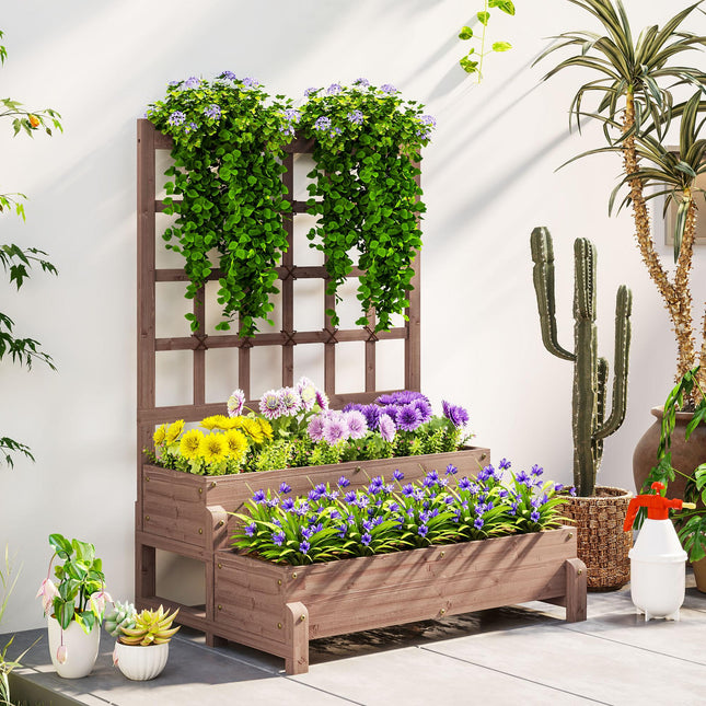 2 Tier Elevated Wooden Garden Bed with Trellis - Brown