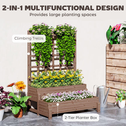 2 Tier Elevated Wooden Garden Bed with Trellis - Brown
