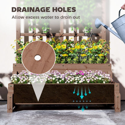 2 Tier Elevated Wooden Garden Bed with Trellis - Brown