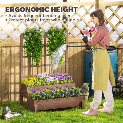 2 Tier Elevated Wooden Garden Bed with Trellis - Brown