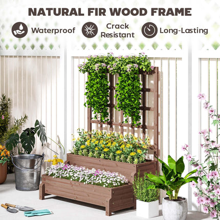 2 Tier Elevated Wooden Garden Bed with Trellis - Brown
